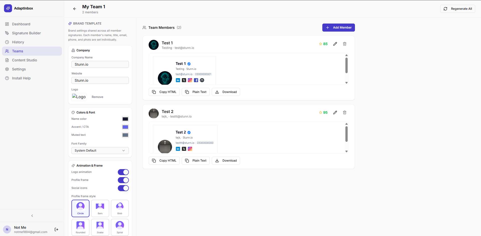 Generation panel — Claude AI producing cold outreach, follow-up, and value proposition copy in seconds