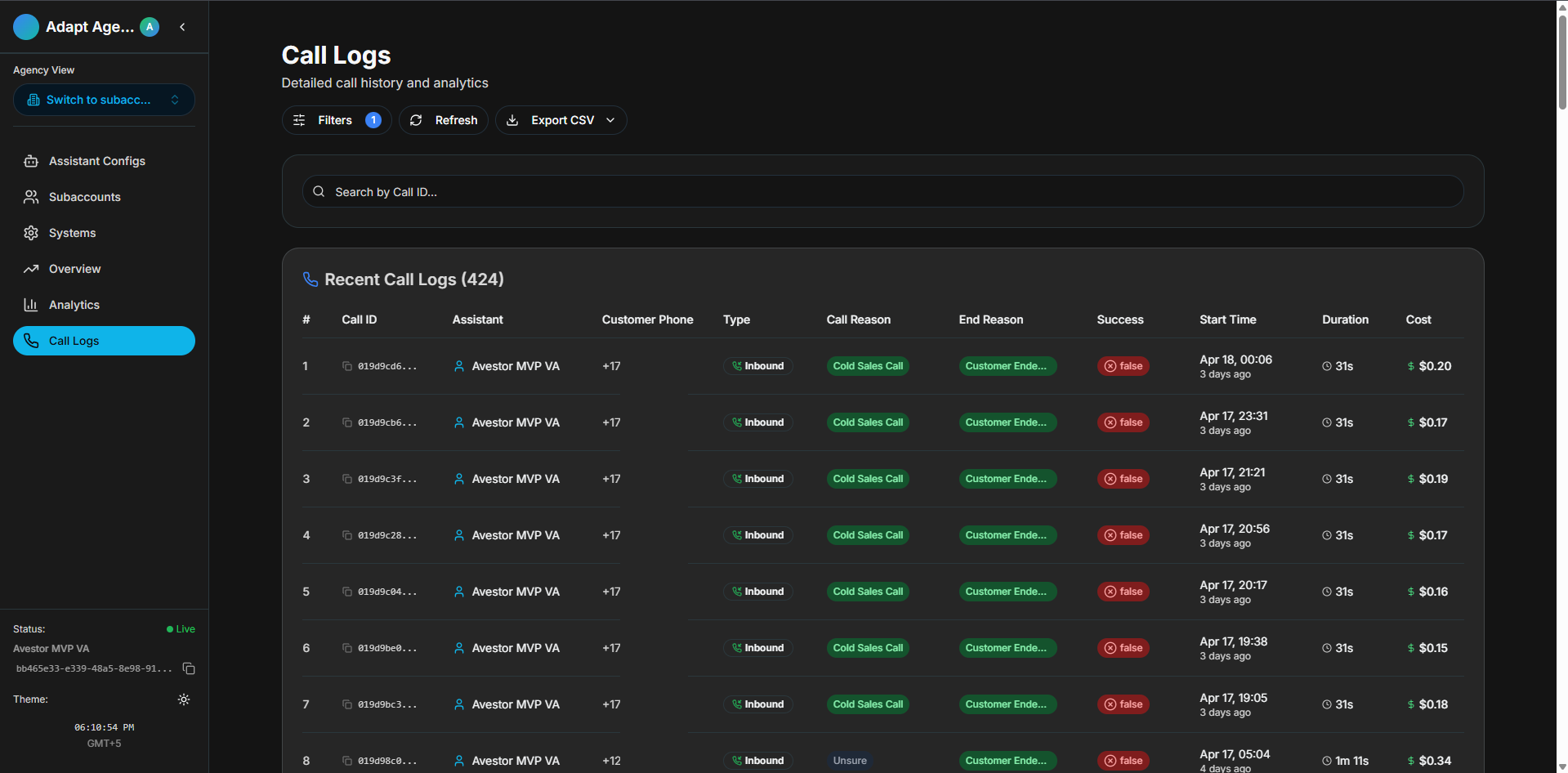 Call scoring dashboard — AI agent performance evaluation with quality metrics and improvement recommendations