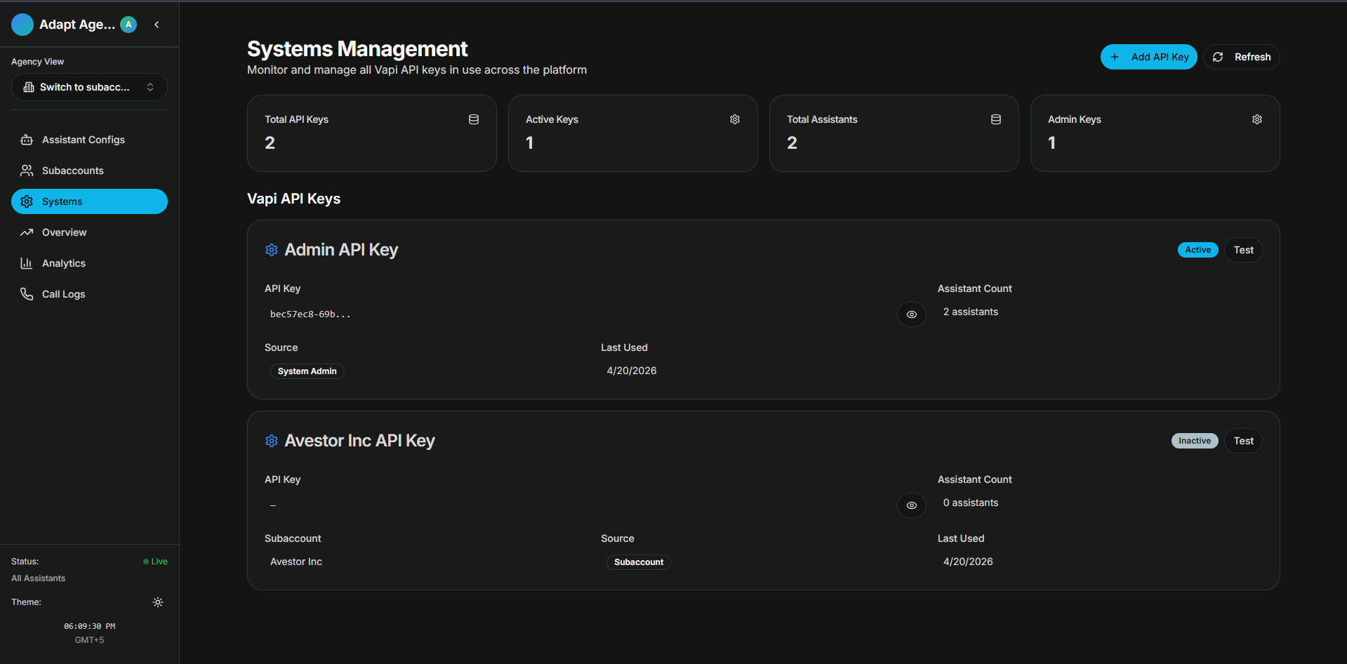 Billing and usage overview — per-client call volume, cost breakdown, and subscription tier management