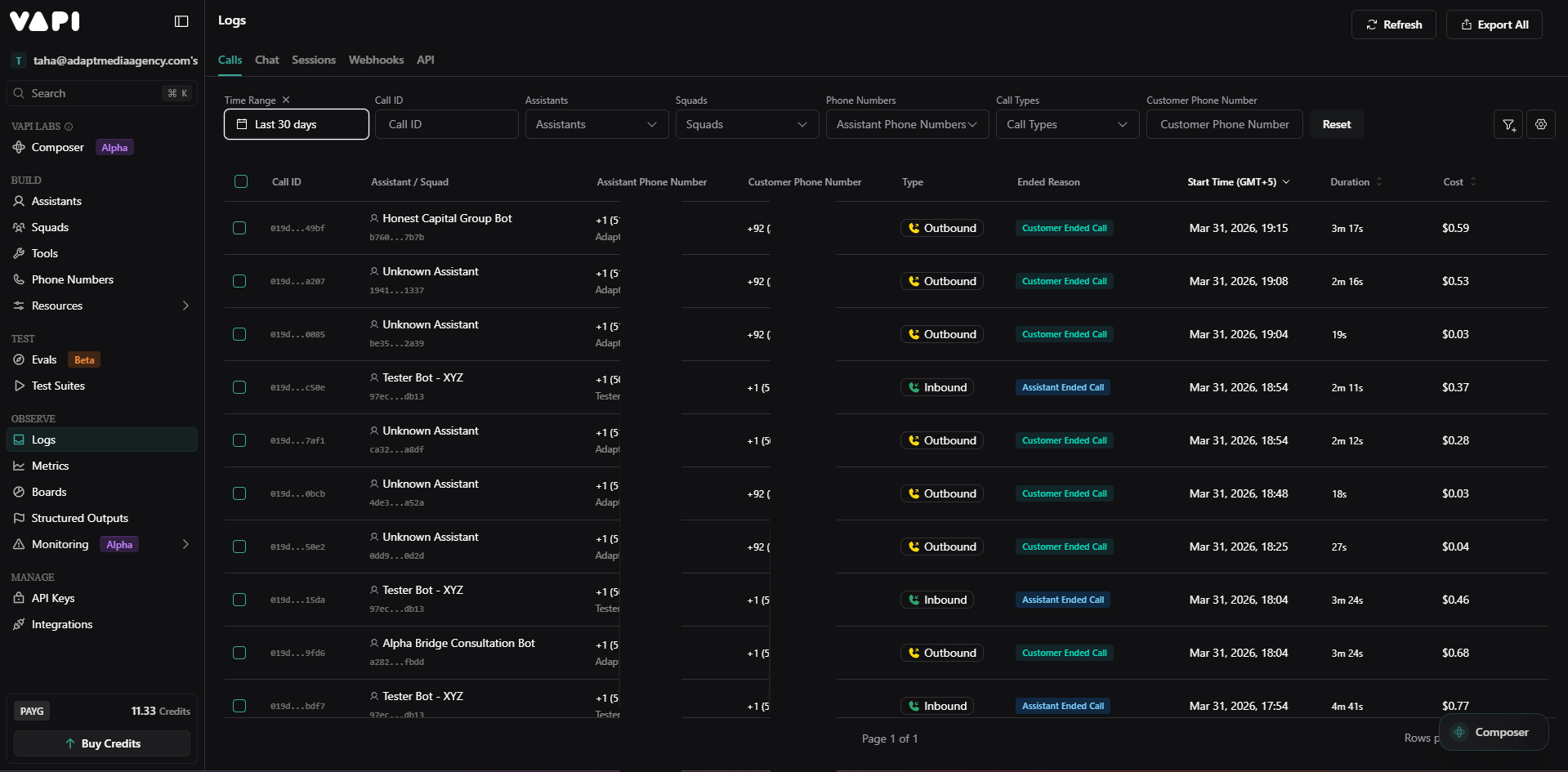 AI agent configuration panel — voice model, personality, greeting script, and response templates